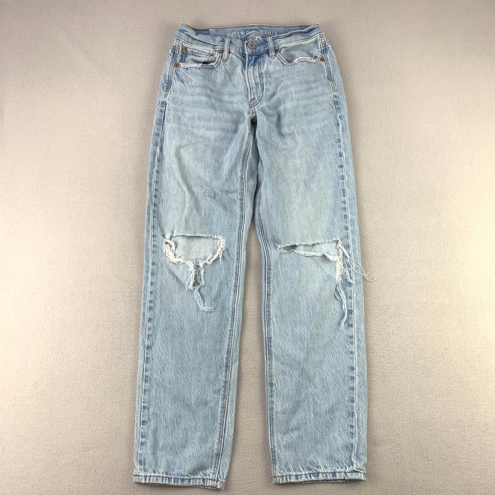 American Eagle Mom Jeans Women 2 Light Blue Distressed Denim High Rise Straight